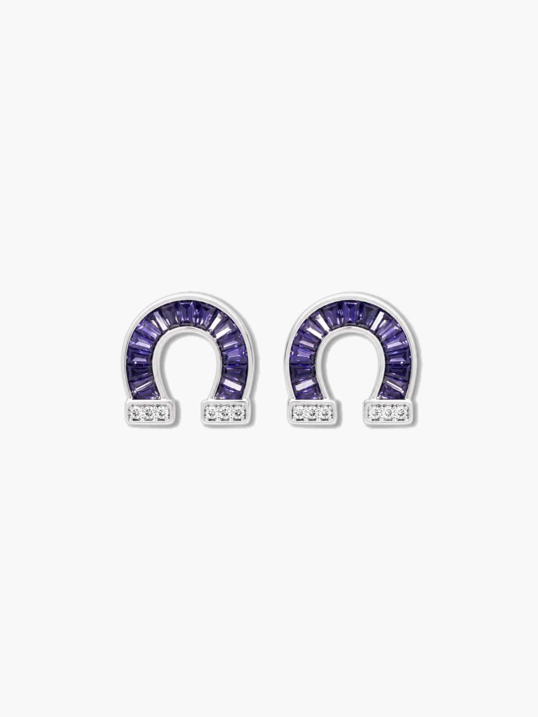 A pair of Venture Craft amethyst purple baguette horseshoe earrings displayed upright against a clean white background
