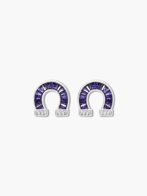 A pair of Venture Craft amethyst purple baguette horseshoe earrings displayed upright against a clean white background