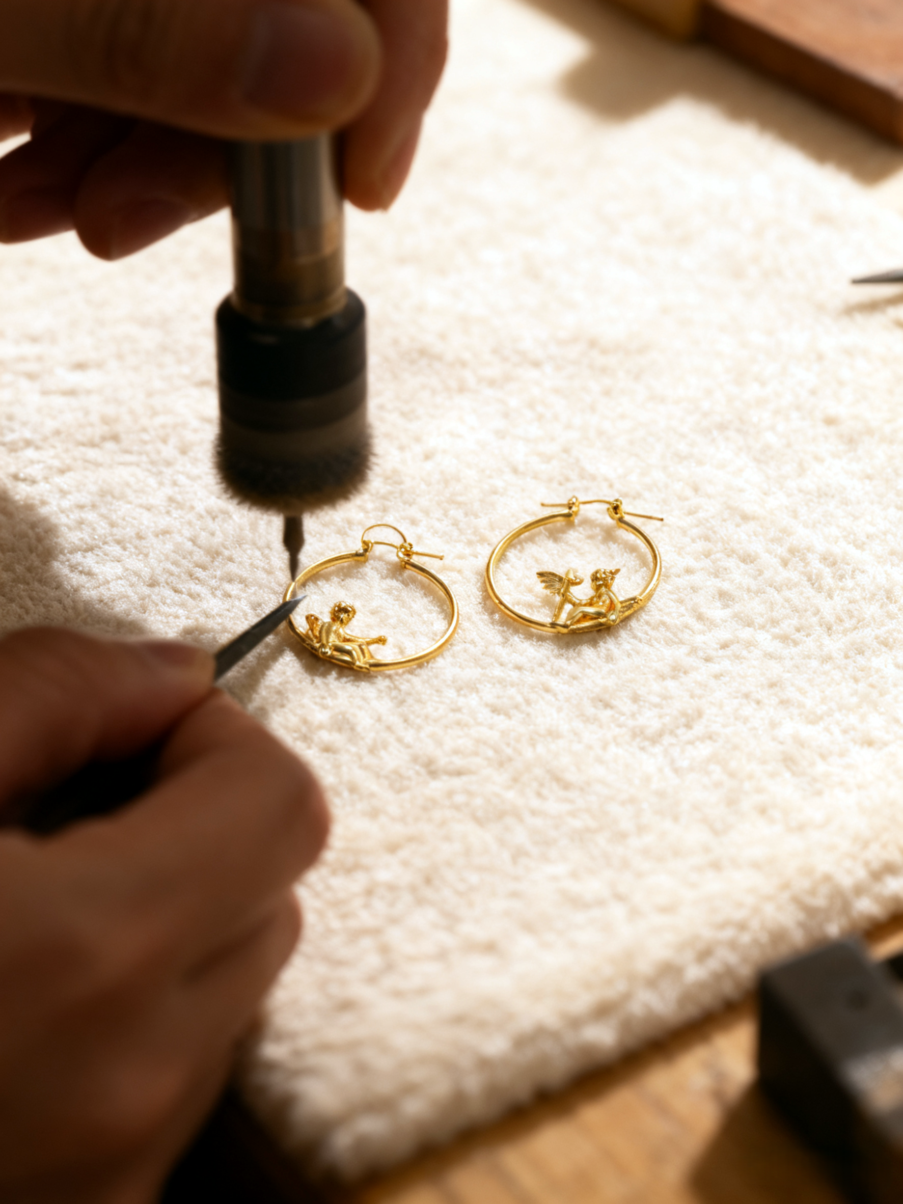 Gold hoop earrings being worked on with a tool on a white cloth background