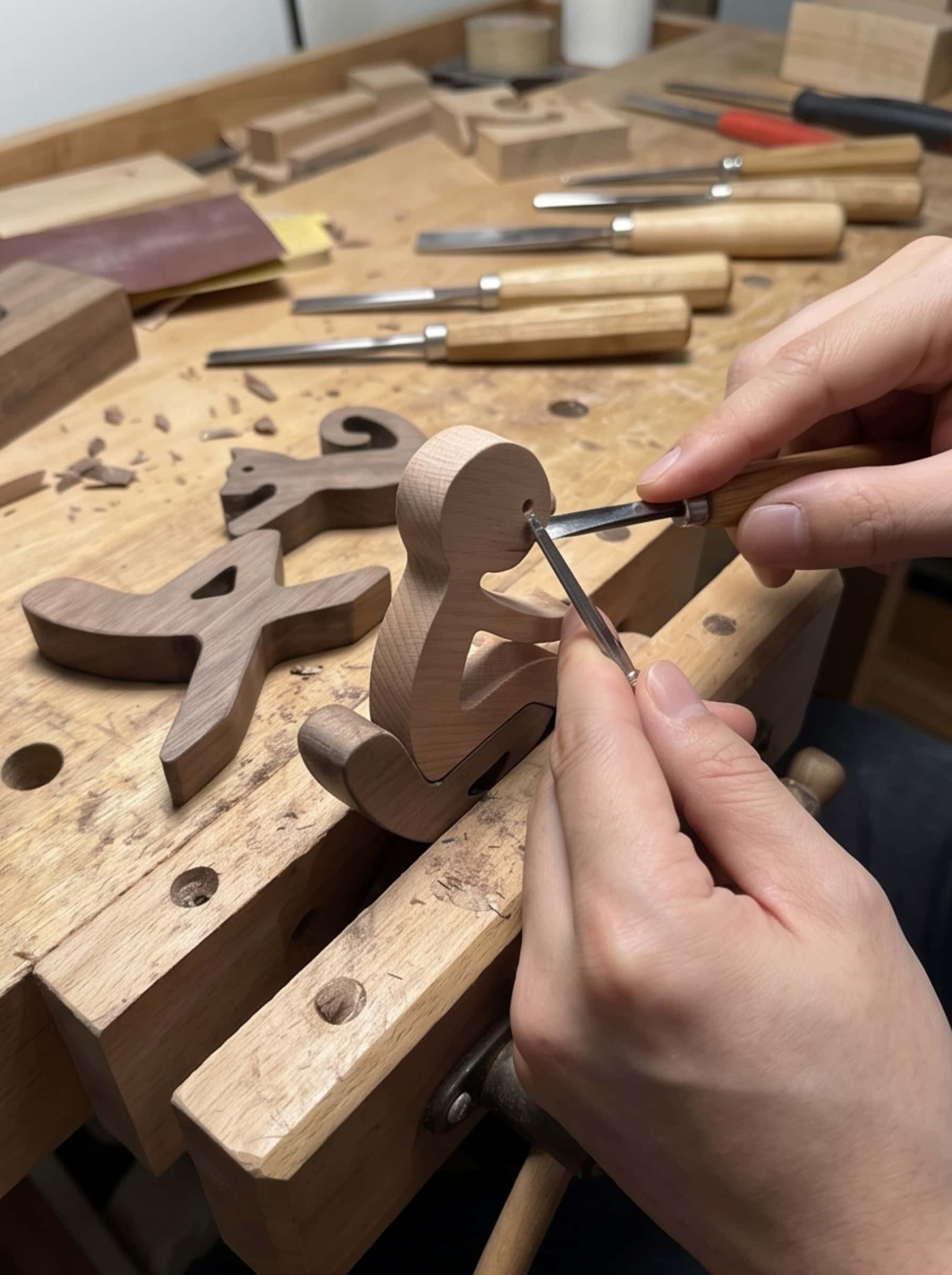 Artisan hand-carving a wooden sculpture of a human and cat using traditional tools in a woodworking shop.