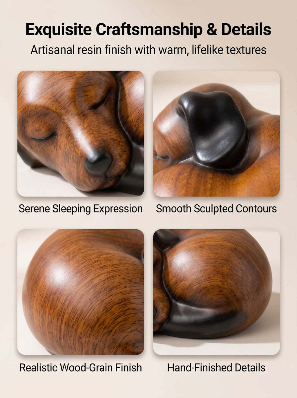 Close-up details of the artisanal resin pet urn showcasing a serene sleeping expression, smooth sculpted contours, and realistic wood-grain finish