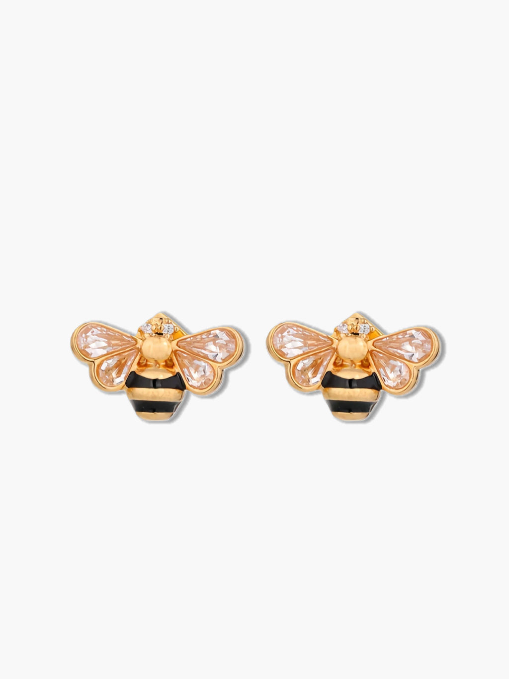 Gold bee earrings with black and gold accents on a white background
