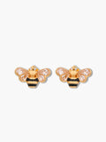 Gold bee earrings with black and gold accents on a white background