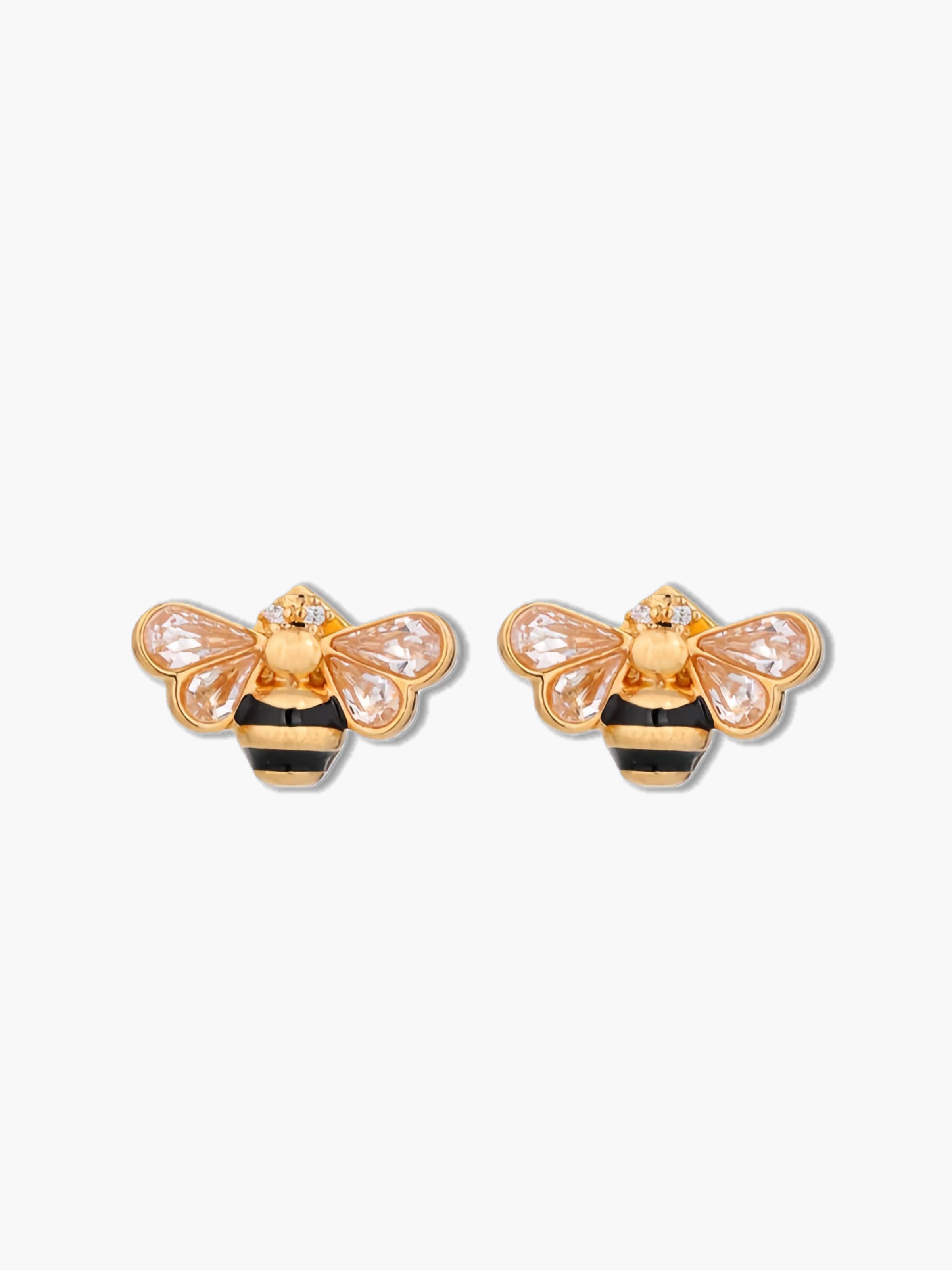 Gold bee earrings with black and gold accents on a white background