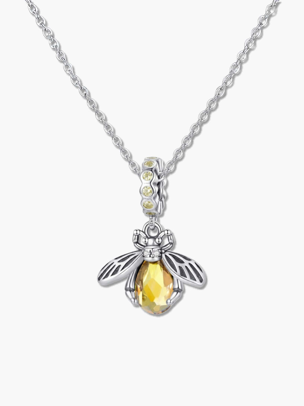 High-resolution macro shot of a bee pendant necklace, showcasing the intricate S925 silver wing details, sparkling zircon crown, and faceted yellow crystal body