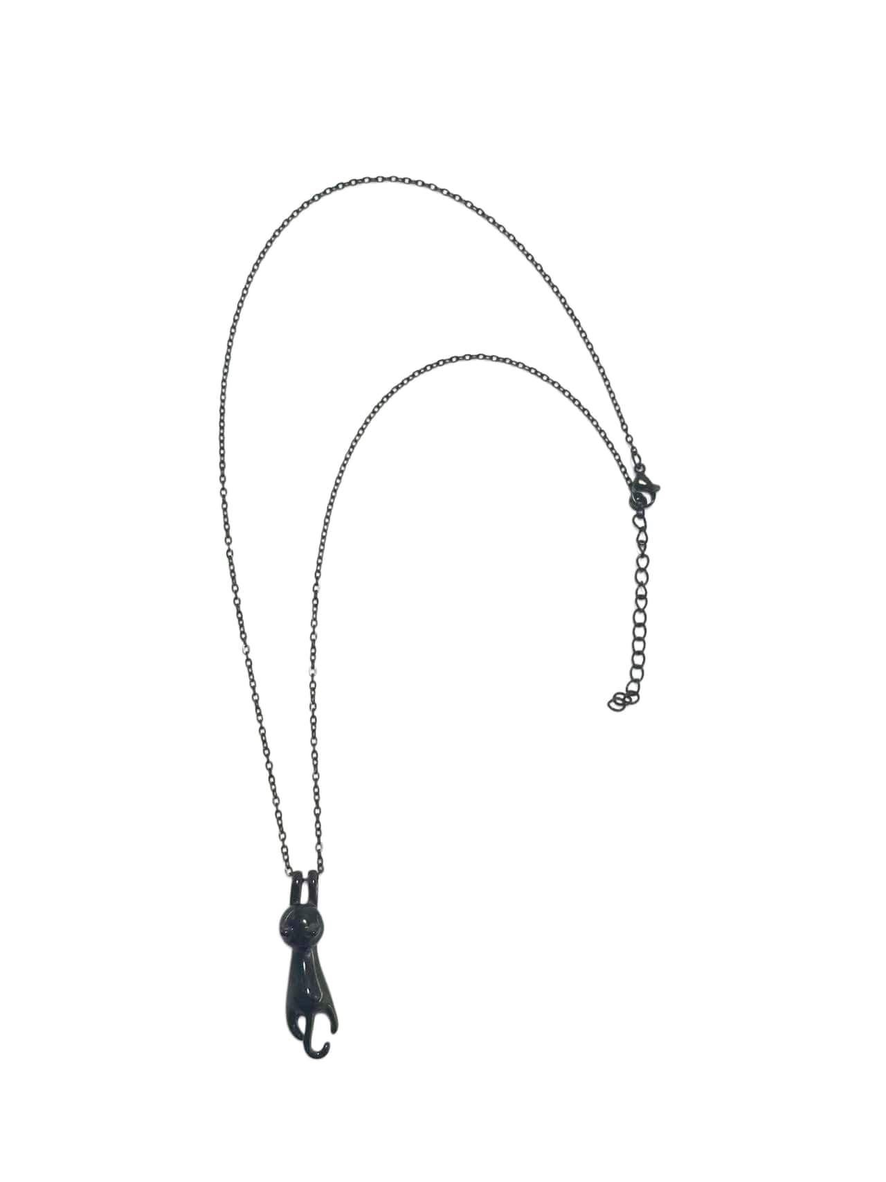 Minimalist black cat necklace featuring a sleek, polished stainless steel design on a white background