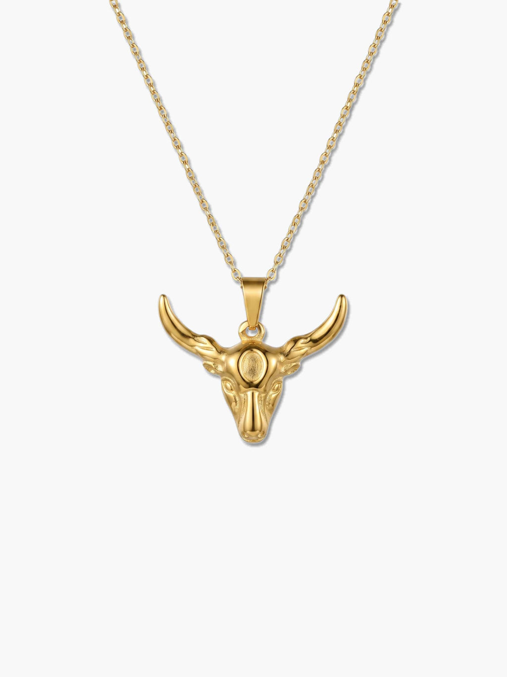 Front-facing studio shot of the intricately designed bull necklace on a clean white background