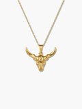 Front-facing studio shot of the intricately designed bull necklace on a clean white background