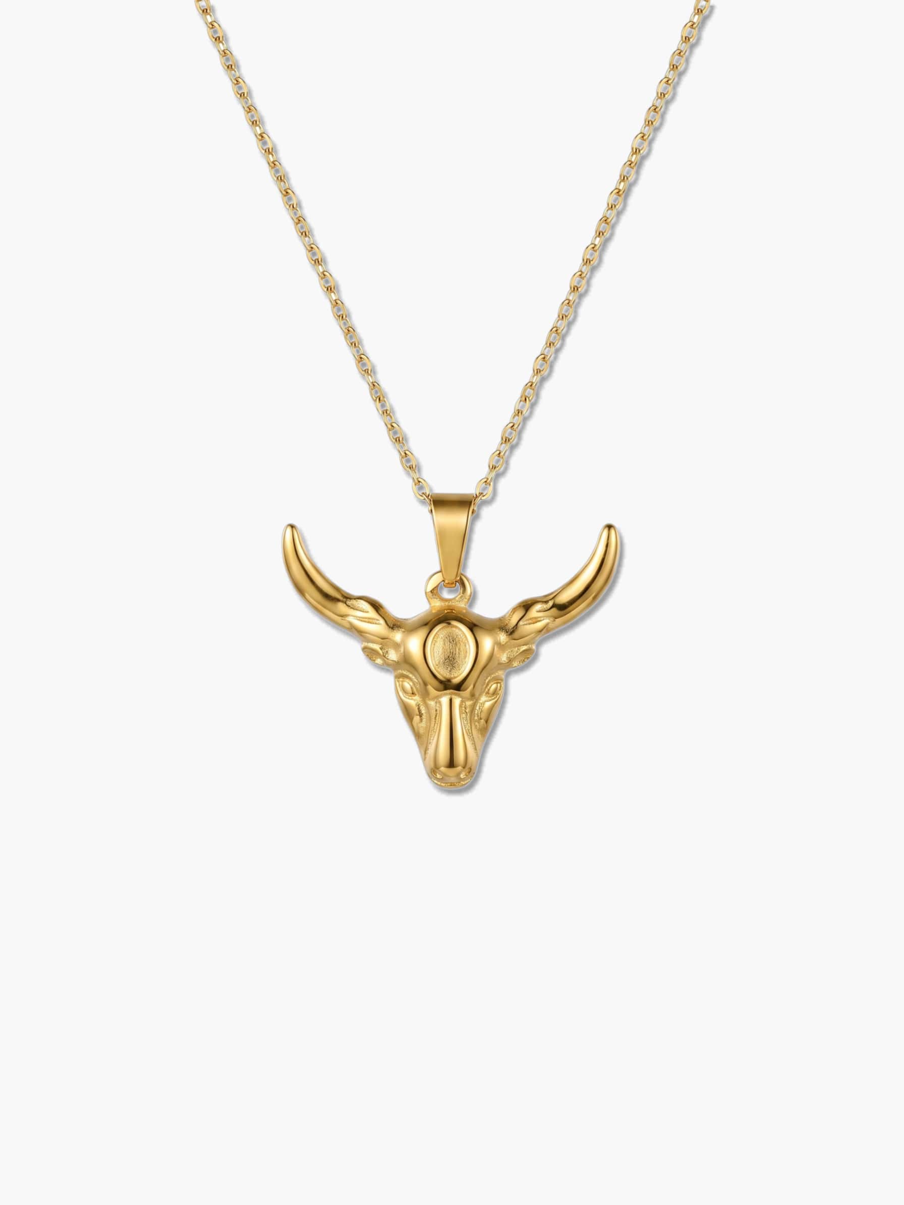 Front-facing studio shot of the intricately designed bull necklace on a clean white background