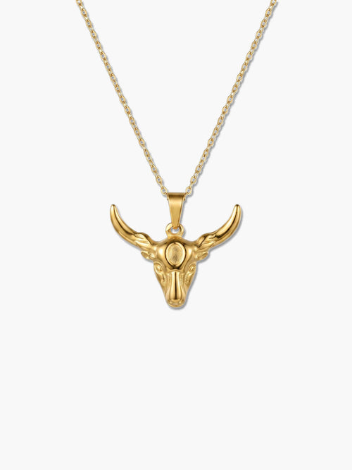 Front-facing studio shot of the intricately designed bull necklace on a clean white background