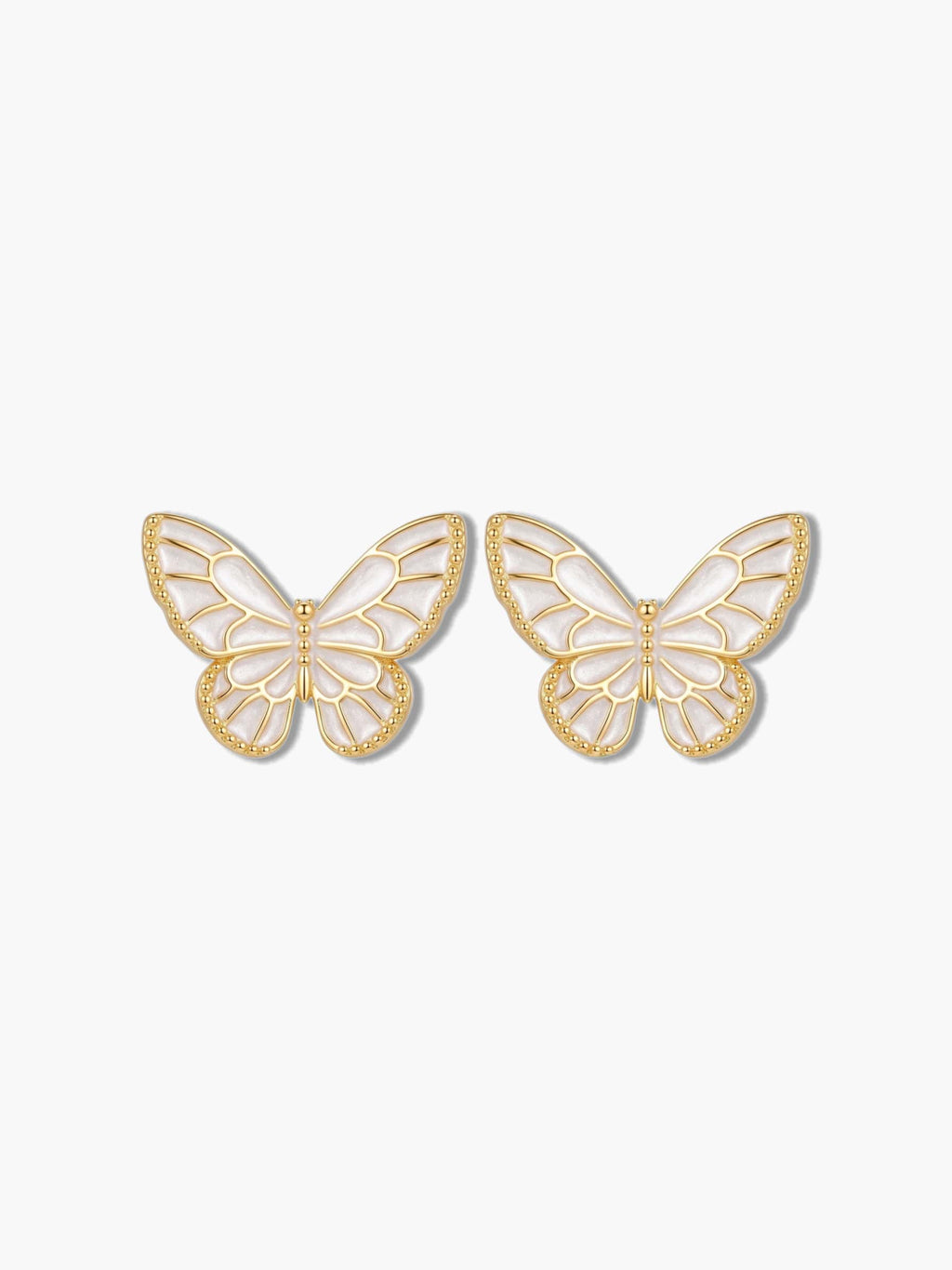 Front-facing studio product photography of a pair of minimalist butterfly stud earrings on a pure white background for ecommerce catalog