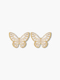 Front-facing studio product photography of a pair of minimalist butterfly stud earrings on a pure white background for ecommerce catalog