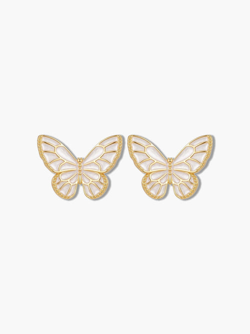 Front-facing studio product photography of a pair of minimalist butterfly stud earrings on a pure white background for ecommerce catalog
