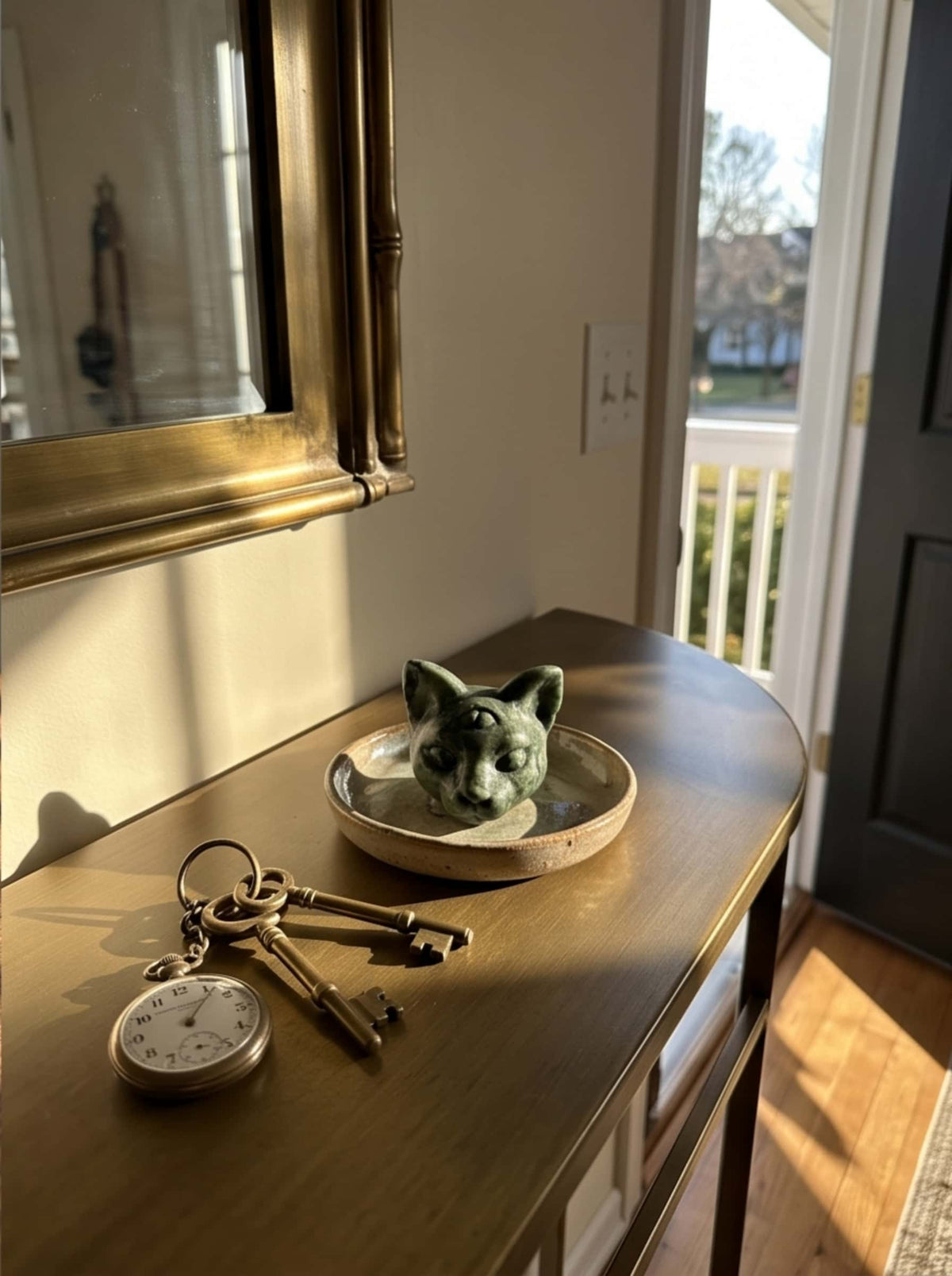 Mystical crystal cat statue resting in a ceramic catchall tray on a sunlit entryway console table with vintage keys