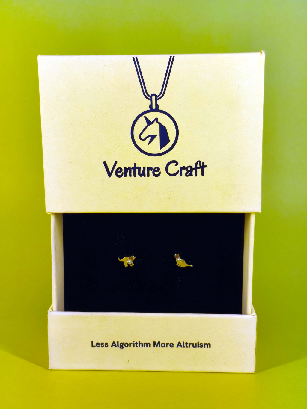 Sterling silver cat earrings beautifully displayed in a Venture Craft jewelry box reading "Less Algorithm More Altruism," a perfect gift for cat moms