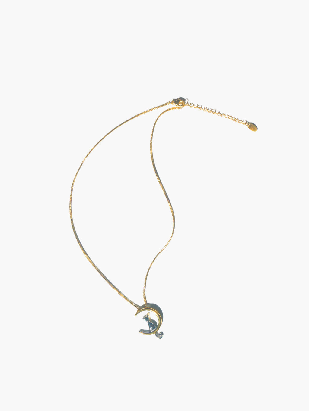 Gold necklace with a unique cat moon pendant on a white background