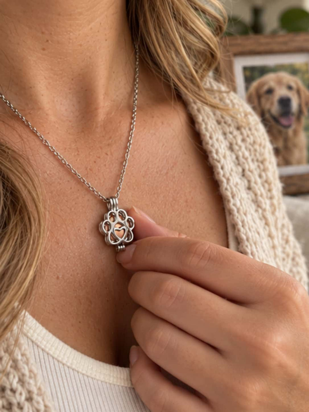 Hand gently holding a delicate paw print pendant urn for keeping dogs ashes in necklace close to heart