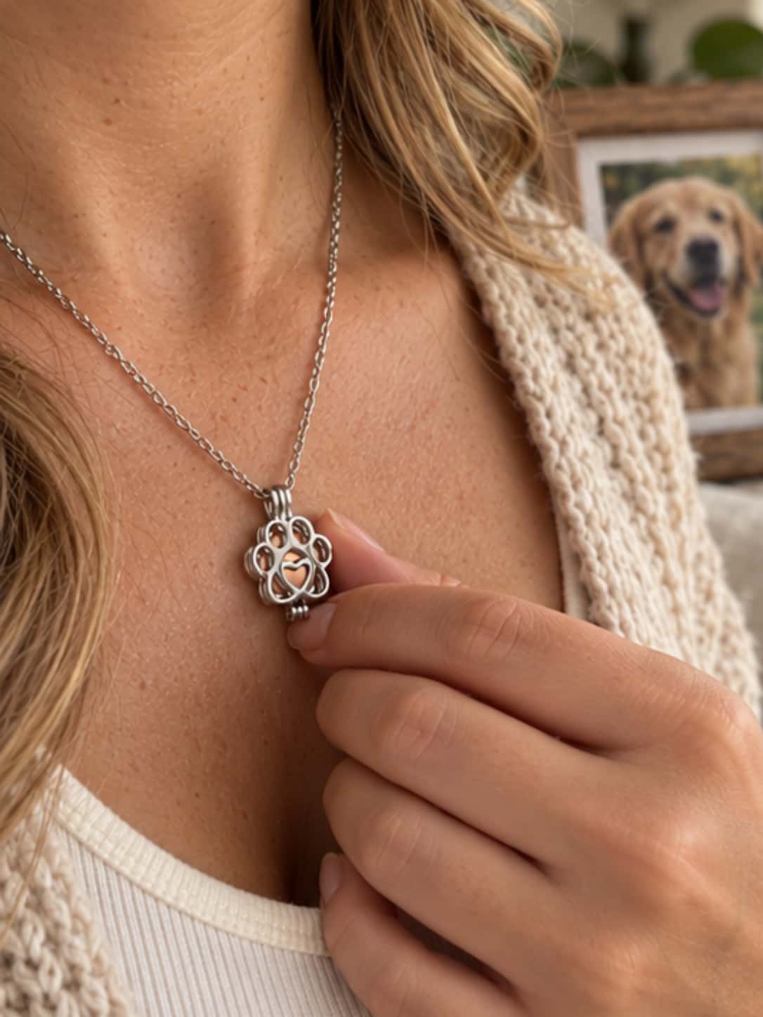 Hand gently holding a delicate paw print pendant urn for keeping dogs ashes in necklace close to heart