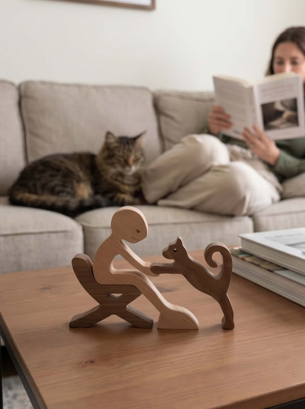 Wooden animal sculpture placed on a coffee table, with a woman reading and a real tabby cat relaxing on the sofa in the background.
