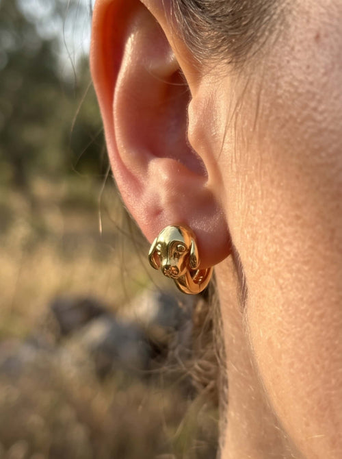 Close-up shot of a dainty 18K gold dog earring huggie worn comfortably on the ear lobe