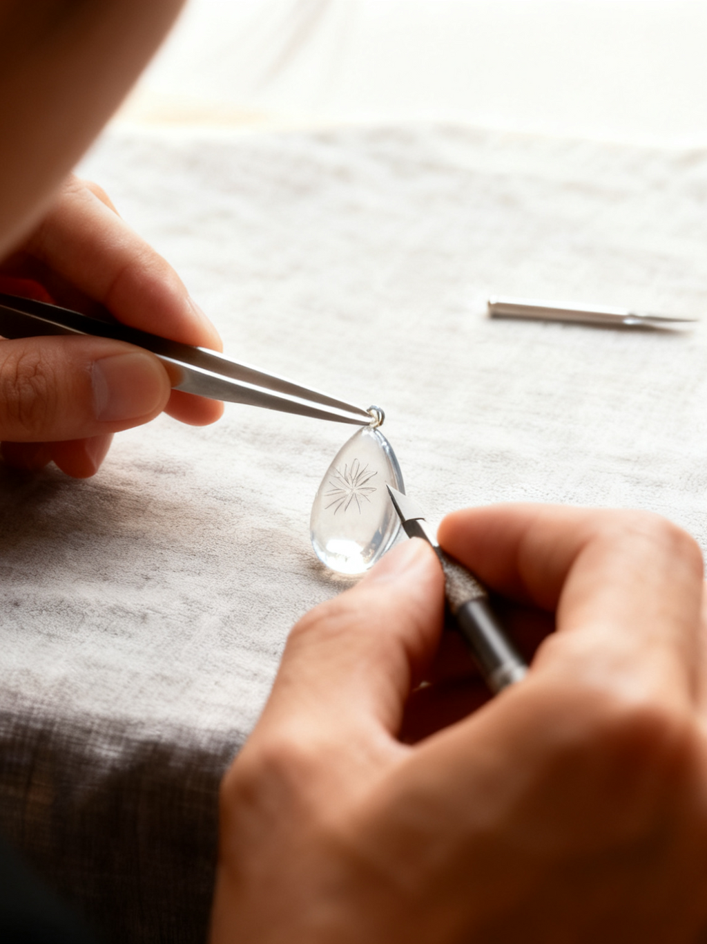 Craftsman working on a small object with tweezers and a tool on a textured surface.