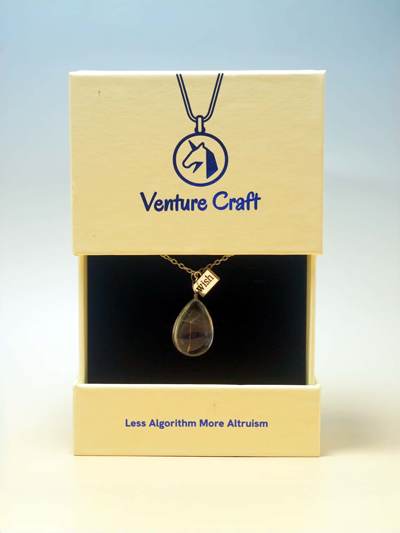 Necklace with pendant in a 'Venture Craft' box on a light blue background