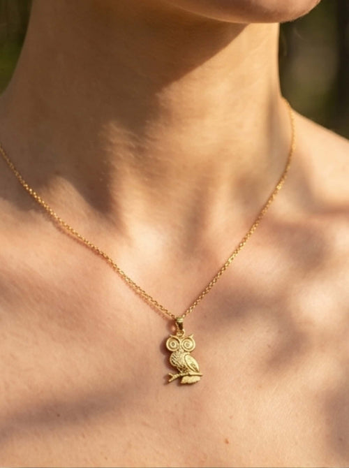 Detailed view of the 18K gold owl pendant necklace resting on a model's collarbone, highlighting the elegant dapple shadow effect