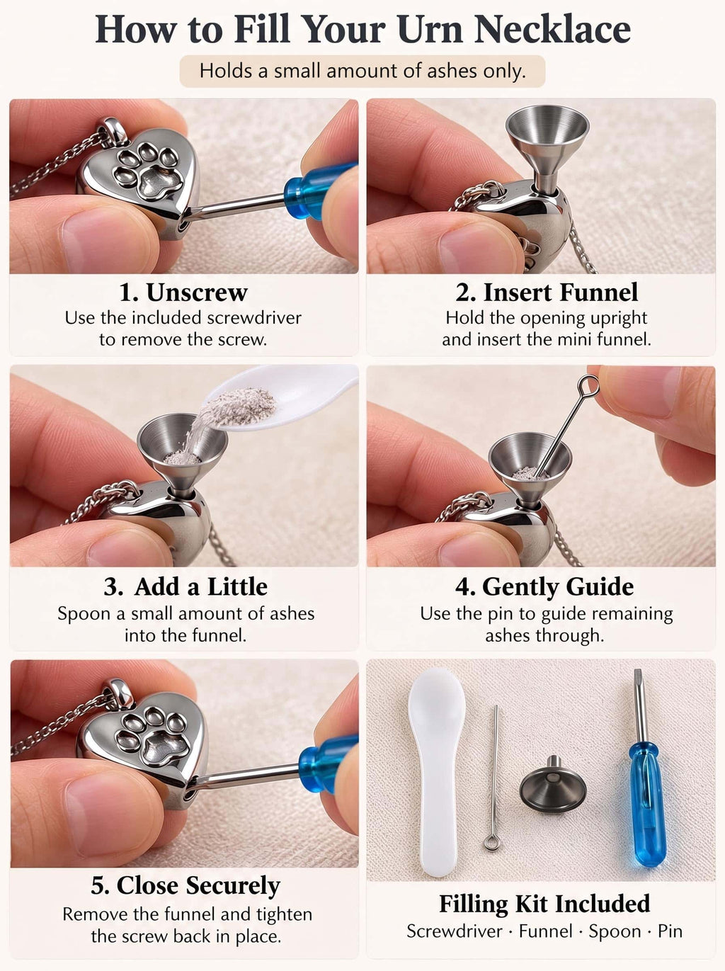 Dog ashes necklace filling guide showing how to open, fill with a small amount of ashes, and close the pendant using the included tools
