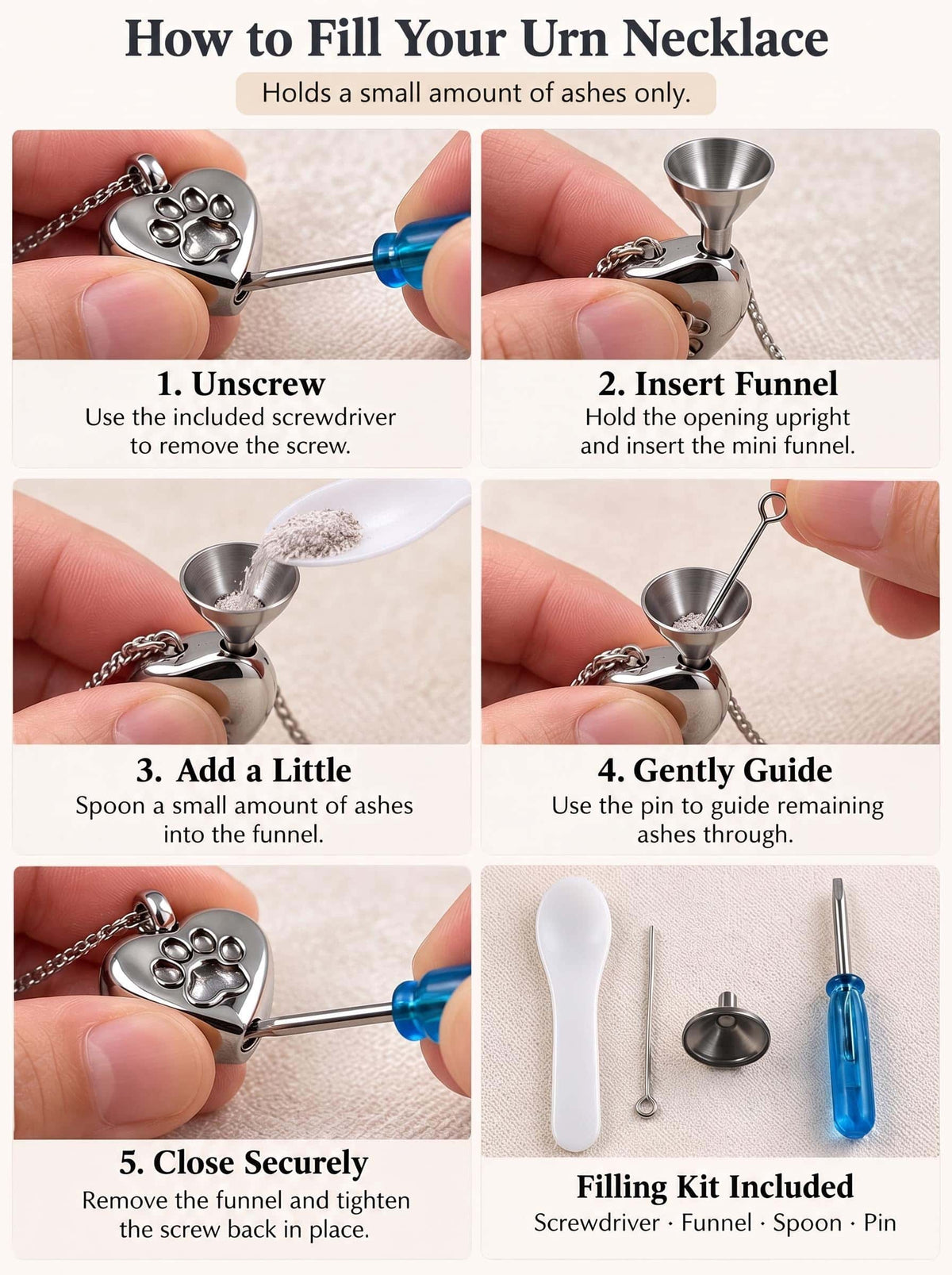 Dog ashes necklace filling guide showing how to open, fill with a small amount of ashes, and close the pendant using the included tools