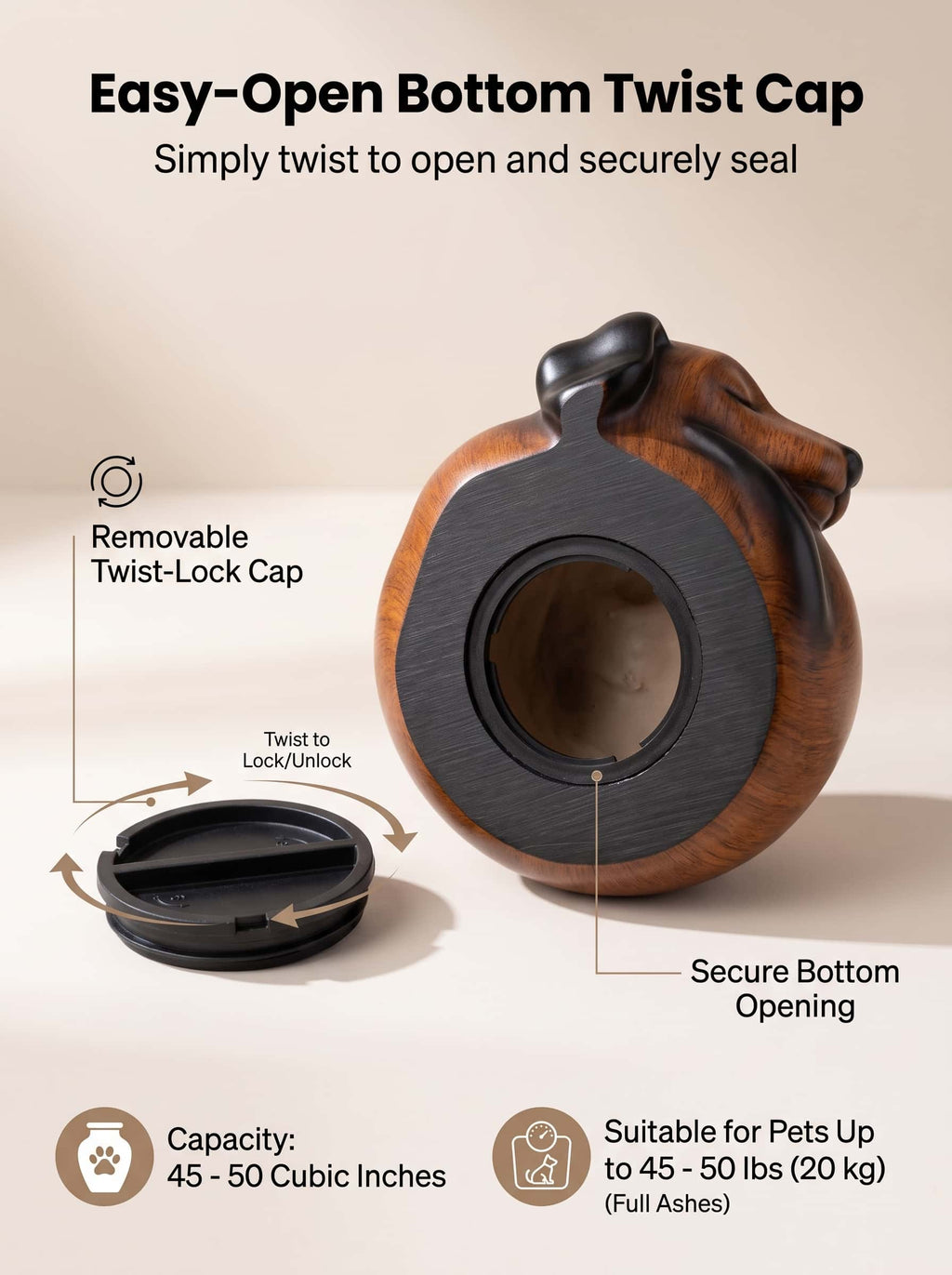 Bottom view of the dog cremation urn showing the easy-open twist-lock cap with a 45 to 50 cubic inch capacity for pets up to 50 lbs