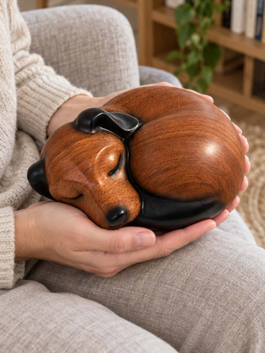 Pet owner gently holding the sleeping dog memorial urn in both hands to honor a beloved companion