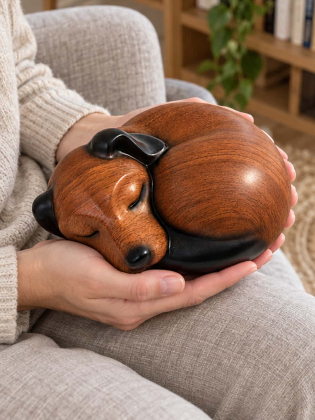 Pet owner gently holding the sleeping dog memorial urn in both hands to honor a beloved companion