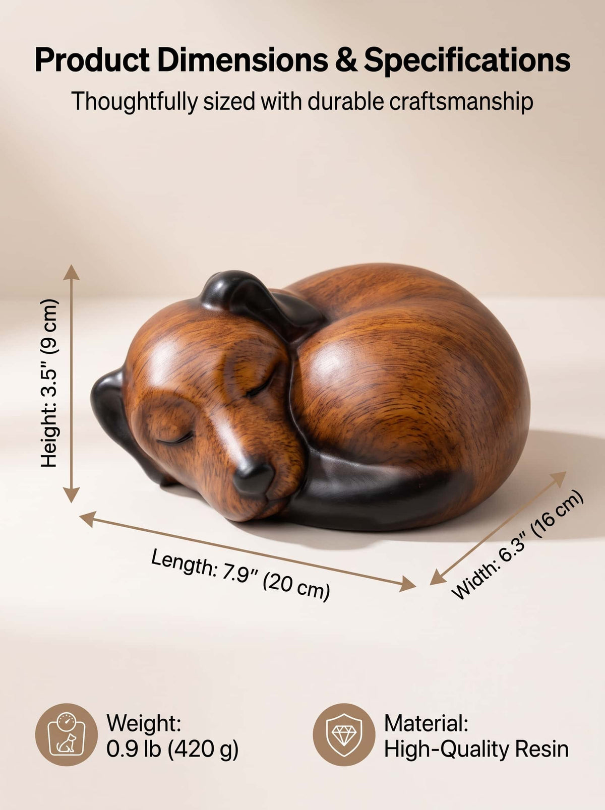 Product dimensions of the high-quality resin dog urn for ashes measuring 7.9 inches long by 6.3 inches wide and 3.5 inches high