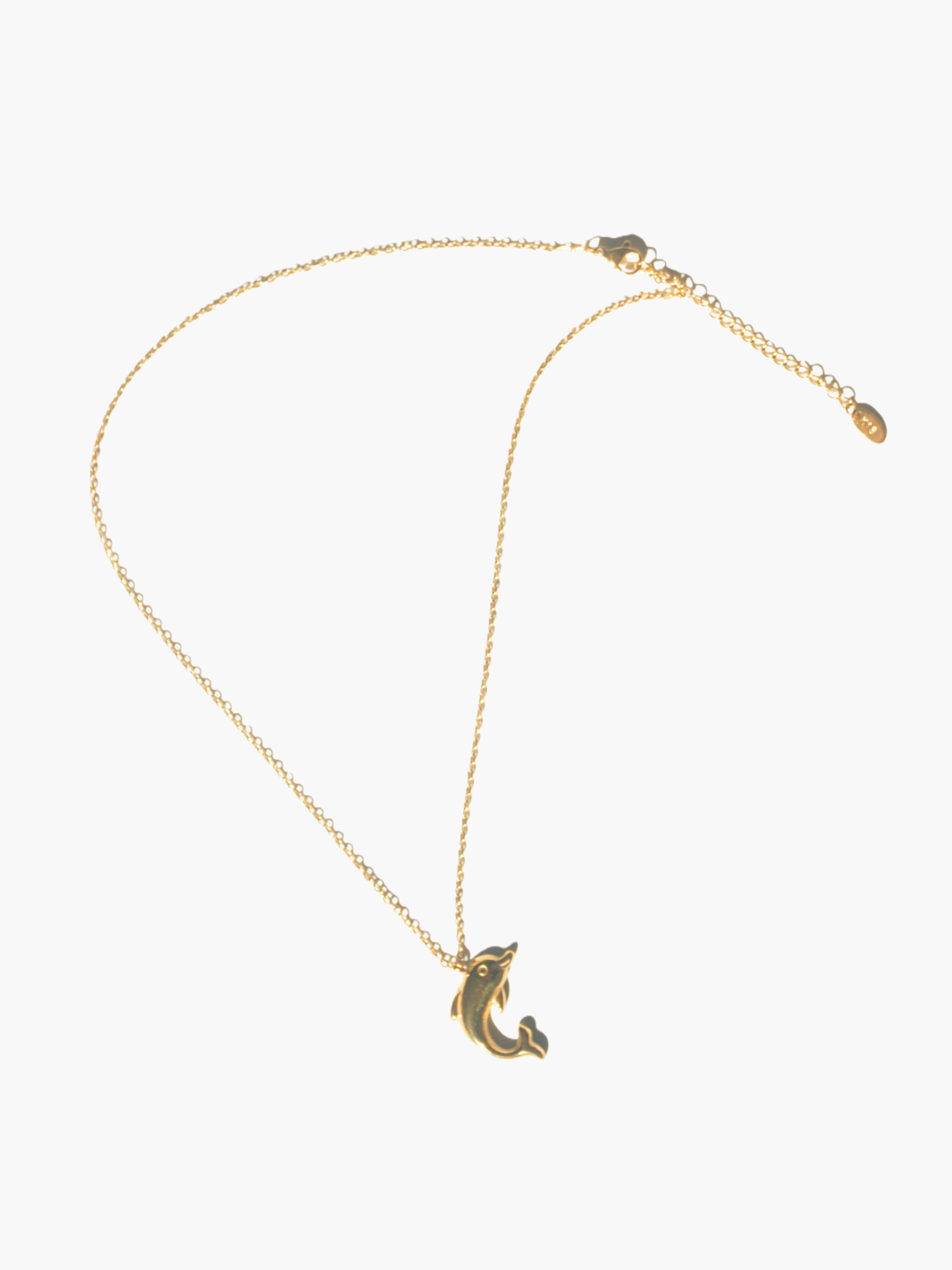 Gold necklace with a crescent dolphin pendant on a white background