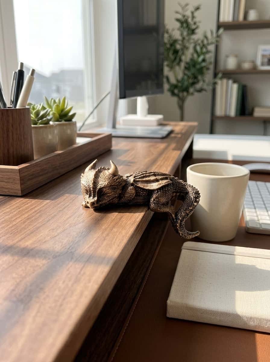 Antique bronze small dragon statue perched on a modern office desk riser edge beside a coffee cup