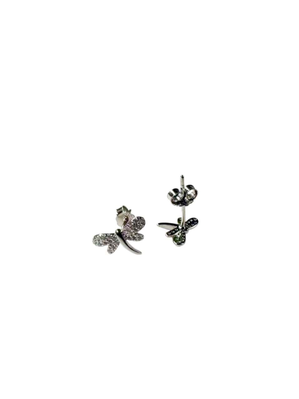 Angle view showing the secure backings of the dragonfly earrings studs.
