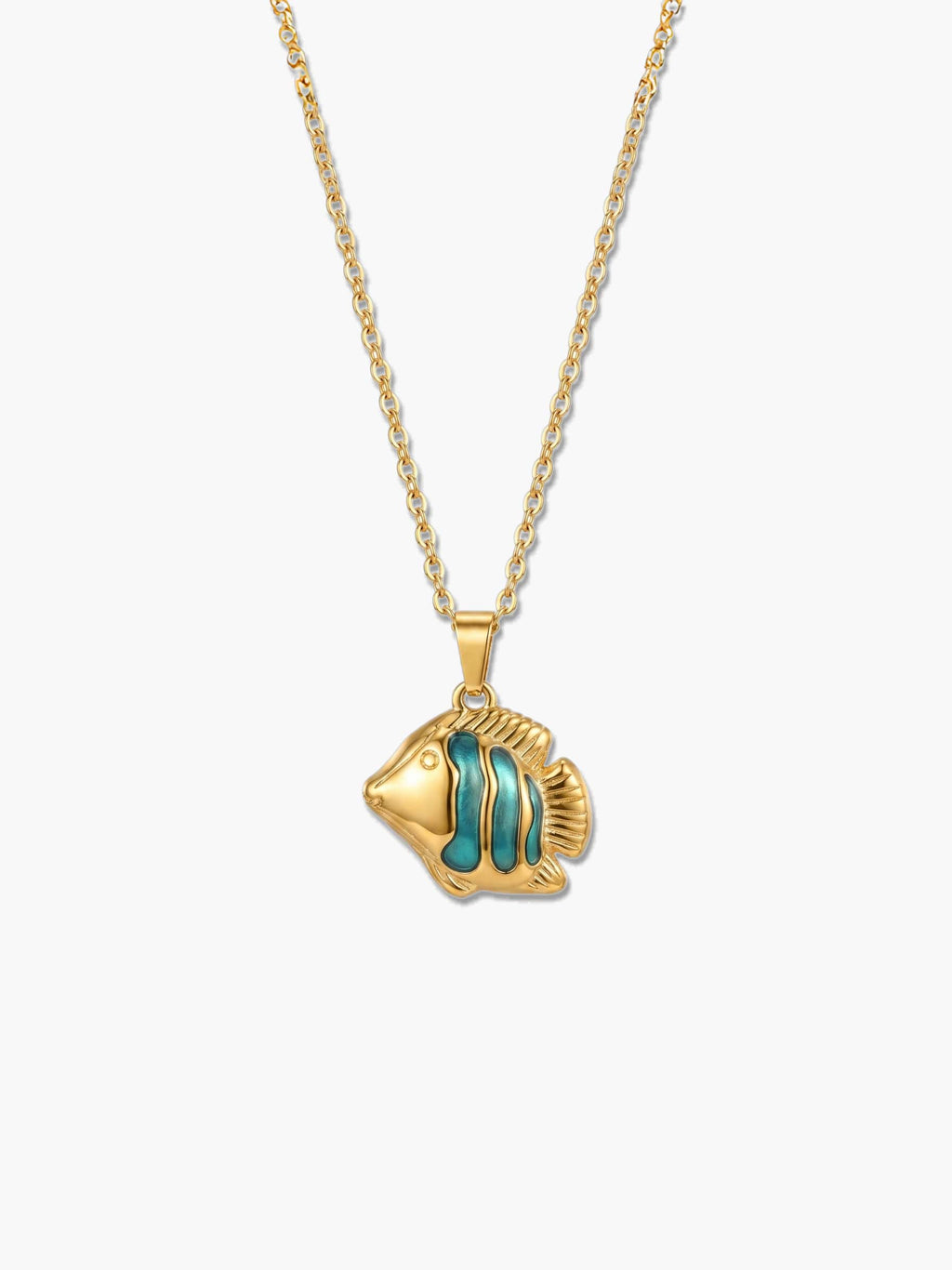 Symmetrical vertical studio product shot of the teal enamel fish pendant necklace in 18K gold-plated stainless steel, centered on a pure white background