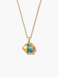Symmetrical vertical studio product shot of the teal enamel fish pendant necklace in 18K gold-plated stainless steel, centered on a pure white background