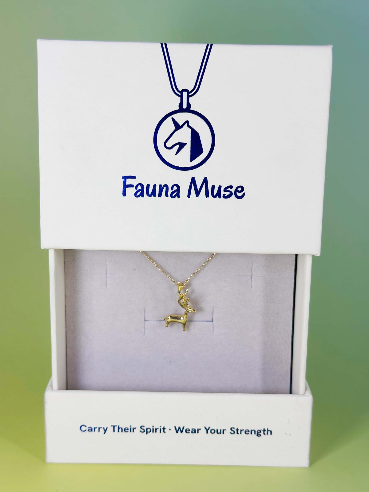 18K gold plated deer necklace presented in a luxury Fauna Muse signature gift box