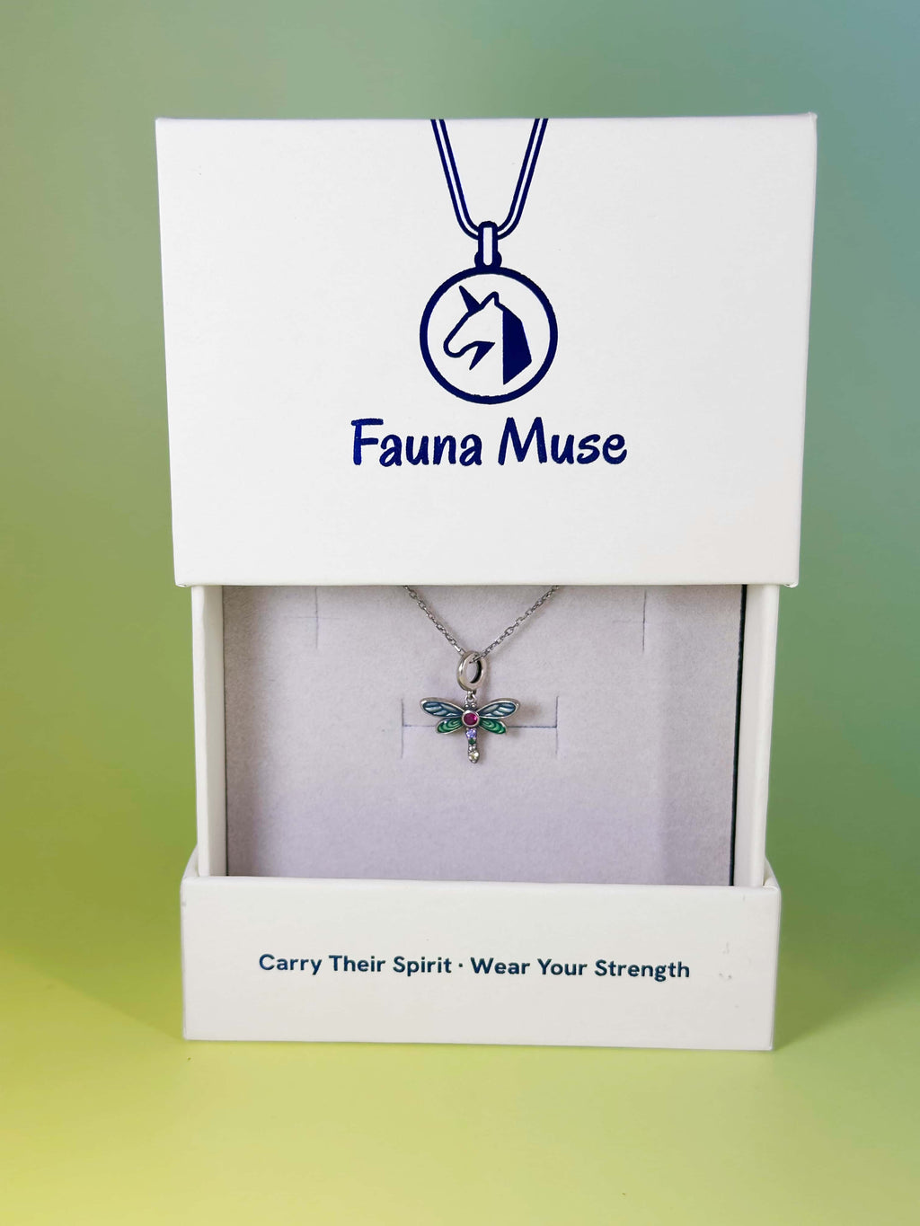 Fauna Muse silver colorful enamel dragonfly pendant necklace displayed inside a white branded gift box