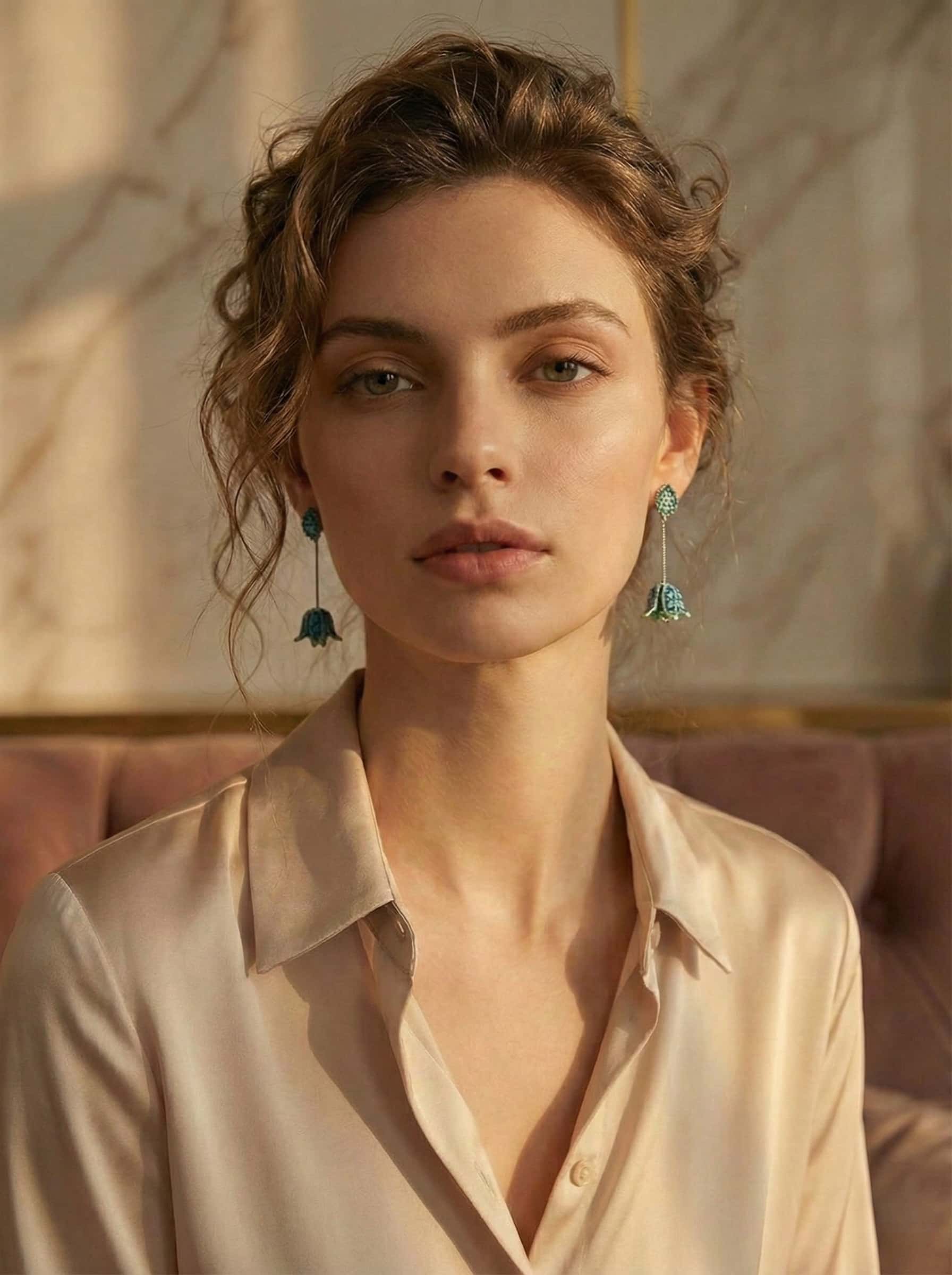 Woman wearing a beige blouse and turquoise earrings with a neutral background