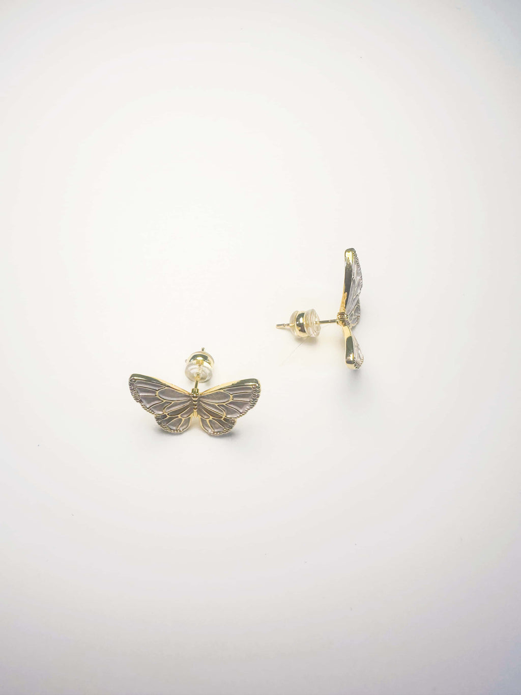 A pair of elegant 18K gold butterfly earrings with vibrant enamel detailing, displayed on a clean white background showing the front and back craftsmanship