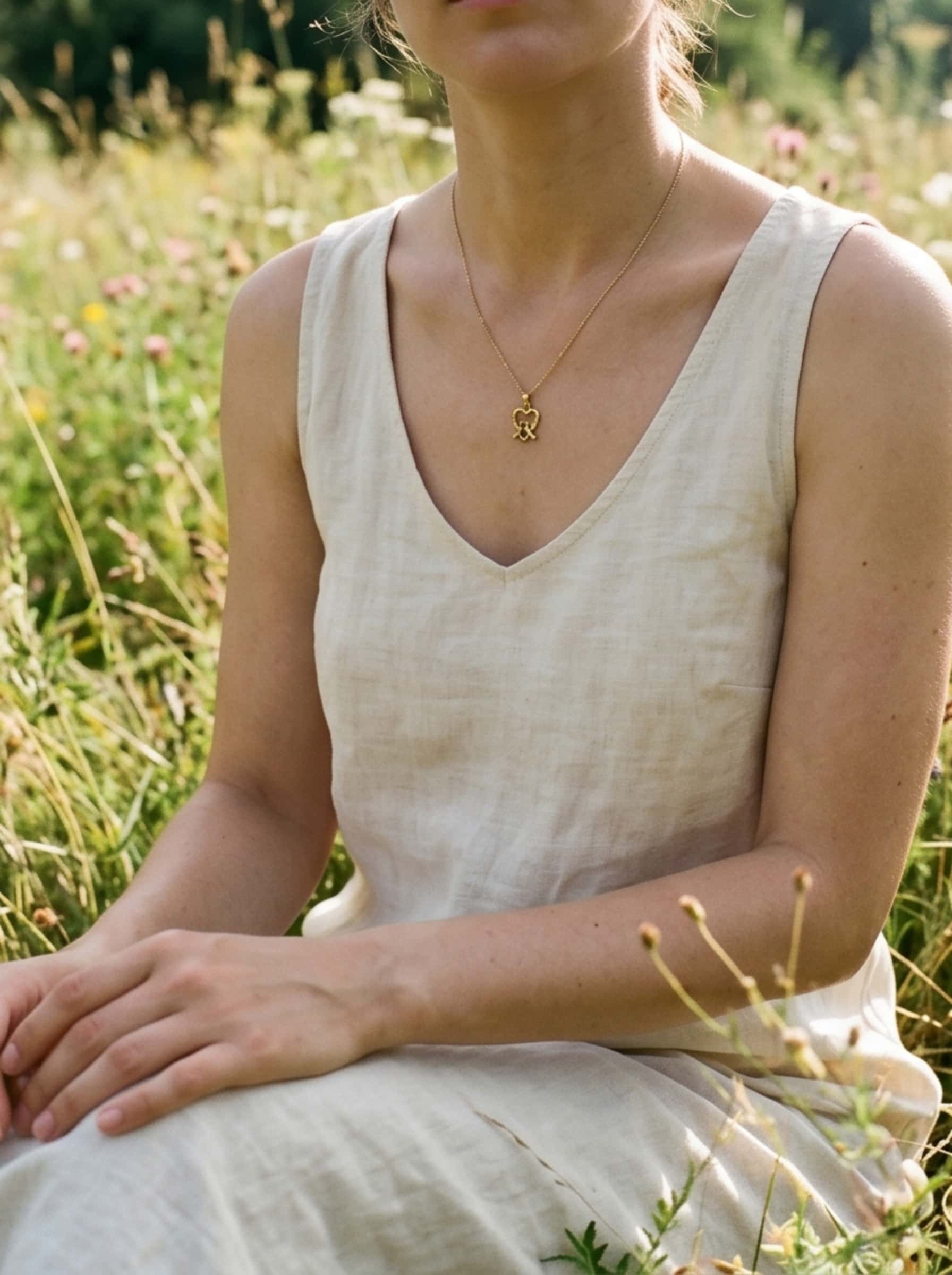 Mid-shot of a female model sitting in a sunny wildflower field, wearing a cream linen sleeveless dress paired with an elegant gold dove necklace