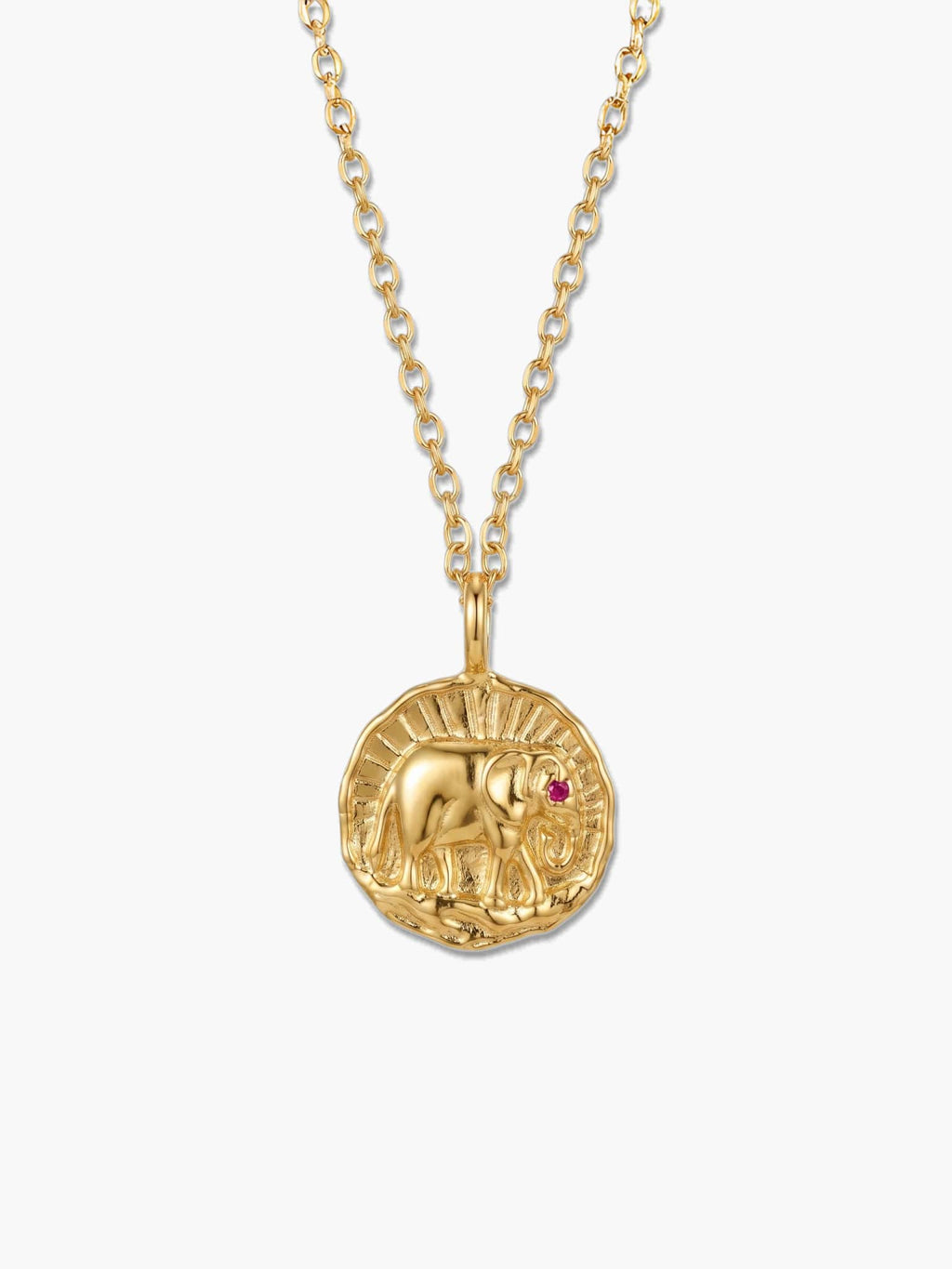 Venture Craft vintage coin style 18K gold elephant pendant necklace with a detailed elephant engraving and a red zircon eye