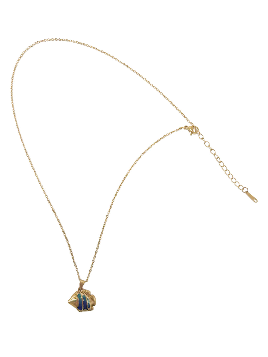 Full layout of the vintage gold fish necklace on a clean white background, showcasing the delicate chain link, lobster clasp, and adjustable extender tail