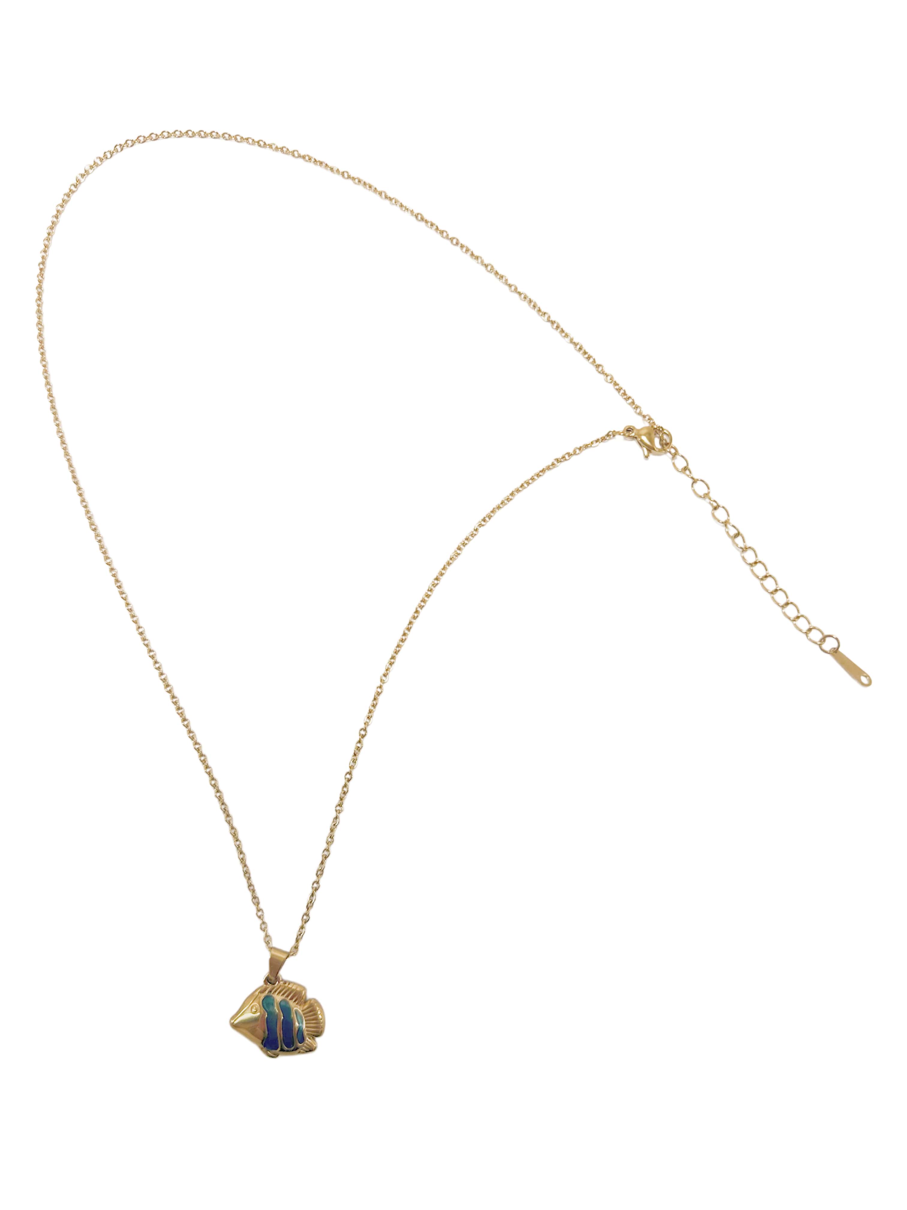 Full layout of the vintage gold fish necklace on a clean white background, showcasing the delicate chain link, lobster clasp, and adjustable extender tail