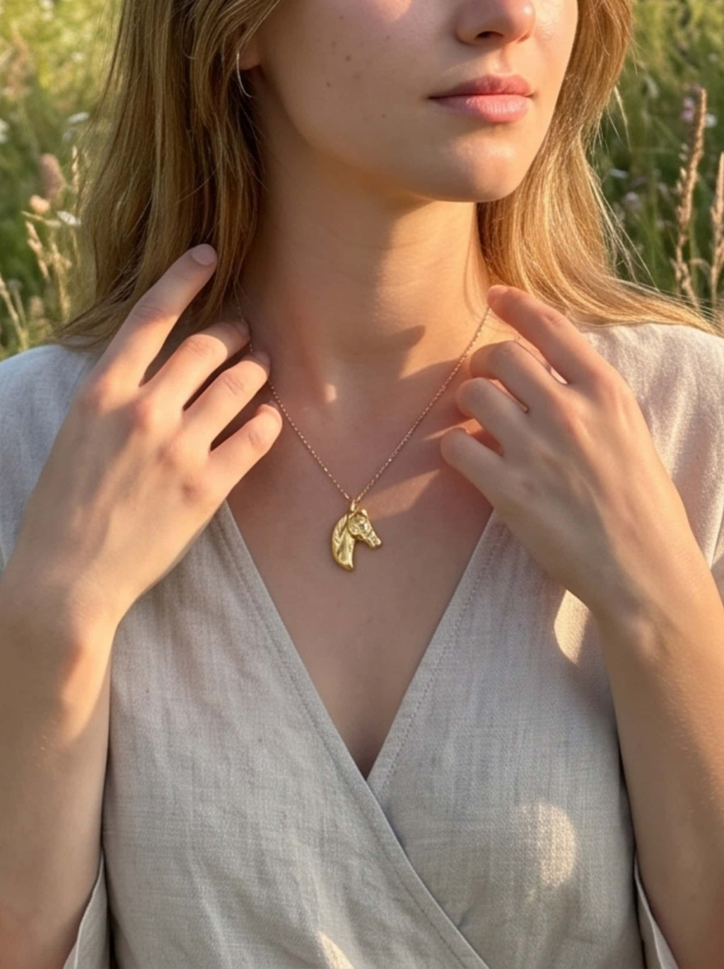 A female model gently holding the elegant gold horse necklace, showcasing its realistic design and perfect daily wearing scale