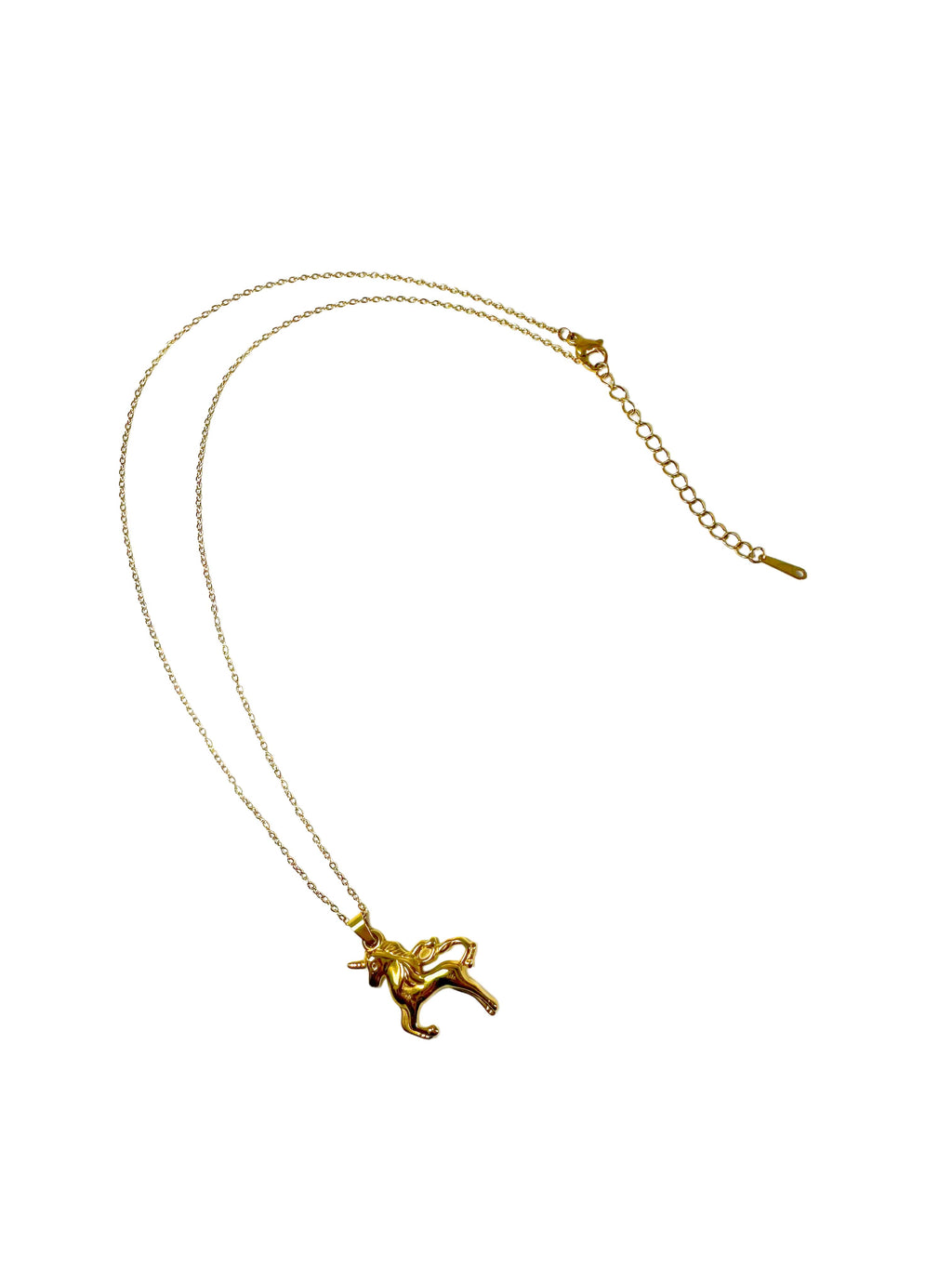 Full length view of the 18K gold unicorn necklace on a delicate chain