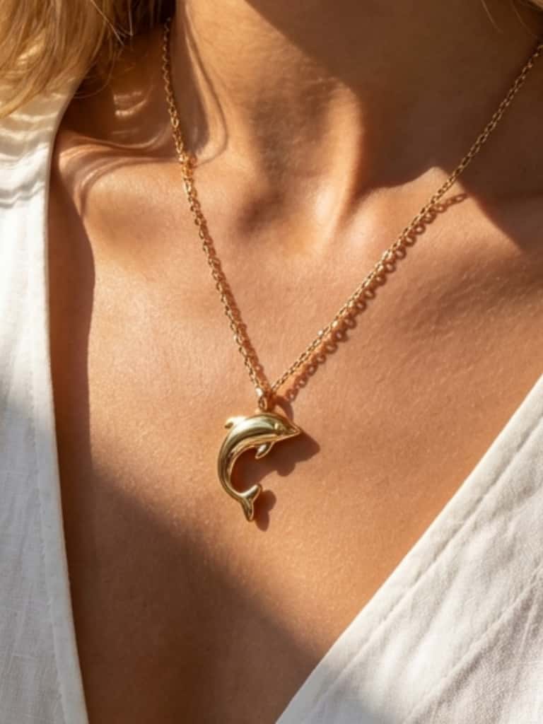 Gold dolphin necklace on a person wearing a white top