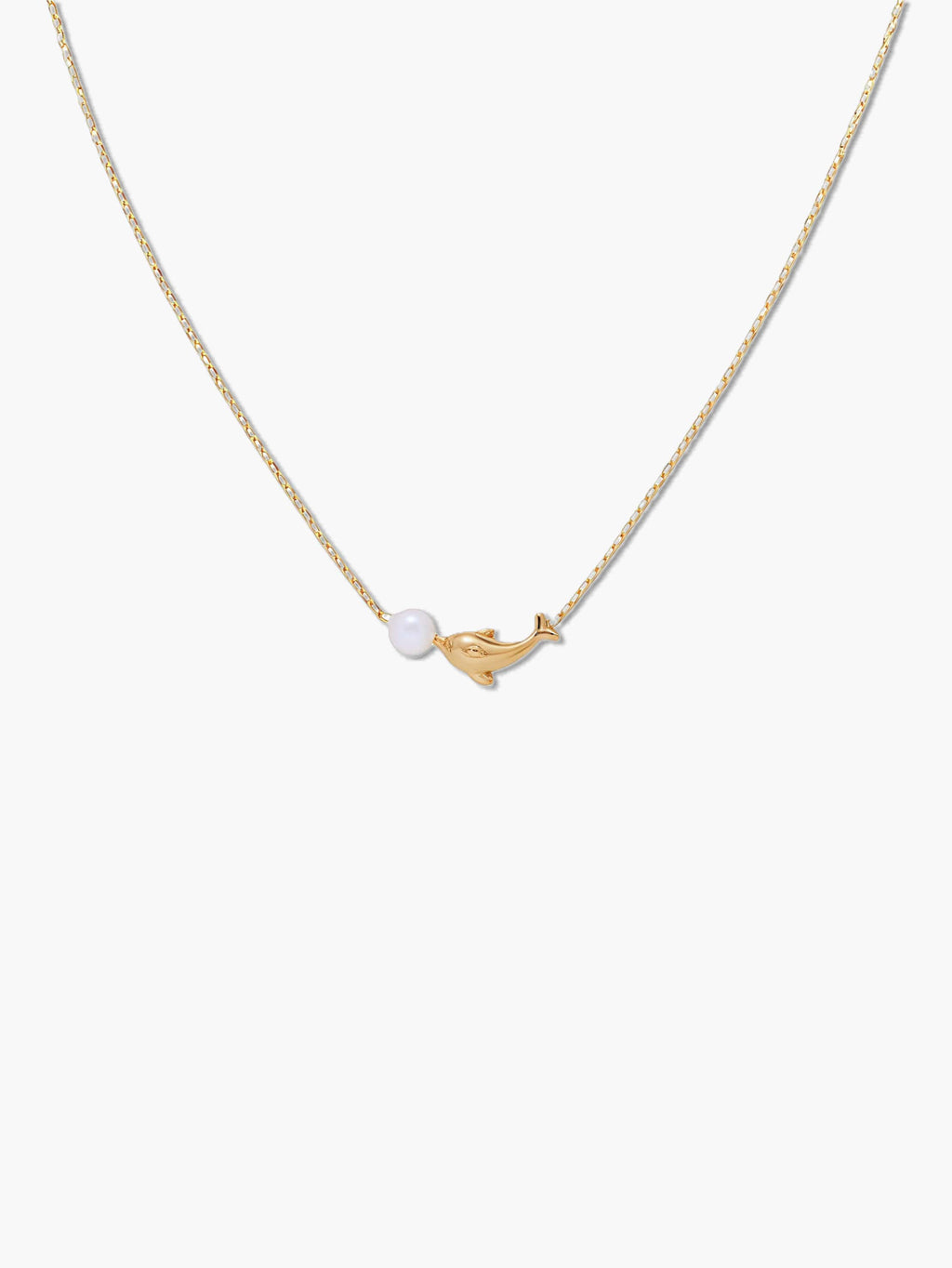 gold dolphin pendant necklace on a white background